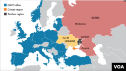 러시아가 "독립을 인정했다"고 주장한 우크라이나 동부 루간스크와 도네츠크(화살표).