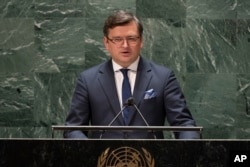 FILE - Ukrainian Foreign Minister Dmytro Kuleba speaks at the general assembly hall, at United Nations Headquarters in New York, Feb. 23, 2022.