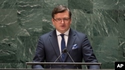 Ukrainian Foreign Minister Dmytro Kuleba speaks at the general assembly hall, Feb. 23, 2022, at United Nations Headquarters in New York.
