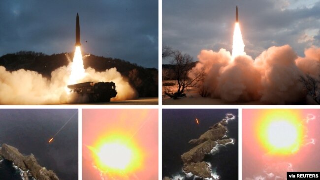 북한이 지난 1월 25일과 27일 장거리순항미사일과 지대지 전술유도탄 시험발사를 각각 진행했다며 관영 매체를 통해 공개한 사진 (자료사진)