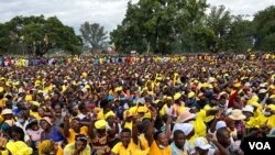 Members of Zimbabwe's opposition party the Citizens’ Coalition for Change at a rally in Harare, Feb. 20, 2022 which was held under strict conditions set by the police. (Columbus Mavhunga/VOA)
