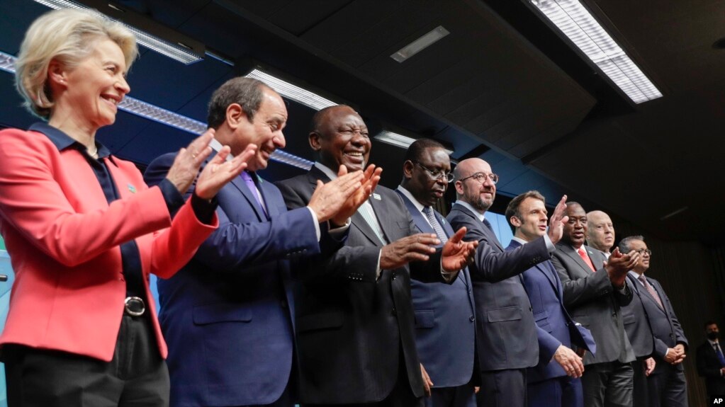 European Union and African Union leaders gather for a media conference during an EU Africa summit in Brussels, on Friday, Feb. 18, 2022. (Olivier Hoslet, Pool Photo via AP)