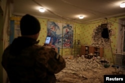 An interior view shows a kindergarten, which according to Ukraine's military officials was damaged by shelling, in Stanytsia Luhanska, in the Luhansk region, Ukraine, Feb. 17, 2022.