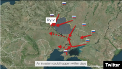 Na mapi objavljenoj u videu britanskog Ministarstva odbrane vidi se ilustracaija mogućeg plana napada Rusije na Ukrajinu. (Foto: Tviter nalog Ministarstva odbrane Britanije, 17. februara 2022).