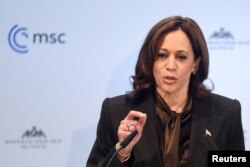 U.S. Vice President Kamala Harris speaks during the annual Munich Security Conference, in Munich, Germany, Feb.19, 2022.