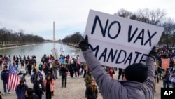 미국 워싱턴 D.C. 링컨 기념관 앞에서 백신 의무 접종 반대하는 시위가 벌어지고 있다. (자료사진)