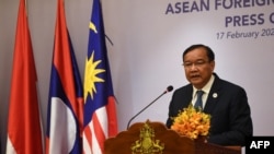 Cambodia's Foreign Minister Prak Sokhonn speaks during the Association of Southeast Asian Nations (ASEAN) Foreign Ministers' Retreat press conference in Phnom Penh on February 17, 2022. (Photo by TANG CHHIN Sothy / AFP)