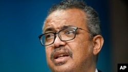 FILE - World Health Organization chief Tedros Adhanom Ghebreyesus speaks during a news conference at an EU Africa summit in Brussels, Feb. 18, 2022.