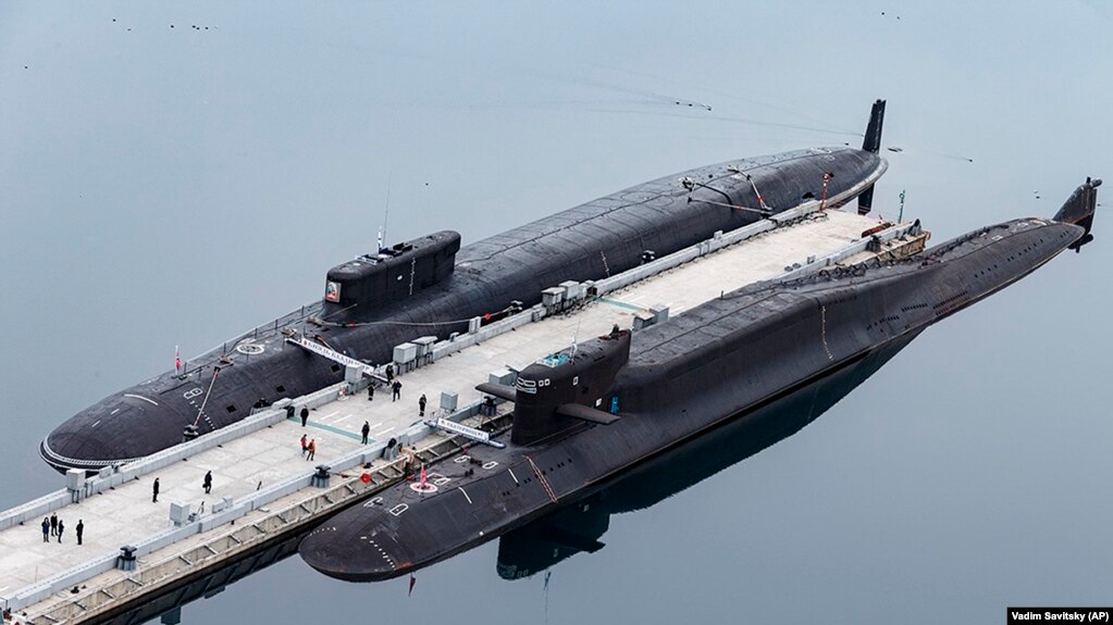 FILE - In this photo, Russian nuclear submarines are harbored at a Russian naval base in Gazhiyevo, Kola Peninsula, Russia, on April 13, 2021.