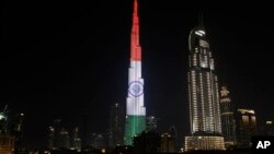 FILE - The Burj Khalifa, the world's tallest building, displays the flag of India in Dubai, United Arab Emirates, Feb. 10, 2018. during Indian Prime Minister Narendra Modi's visit to the UAE. 