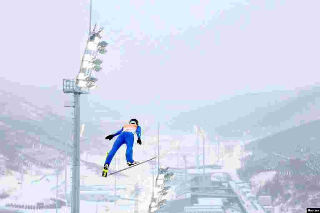 Lukas Danek of Czech Republic competes in the ski jumping competition round of the Nordic Combined team Gundersen large hill/4x5km during the 2022 Beijing Winter Olympics at the National Ski Jumping Center in Zhangjiakou, China.