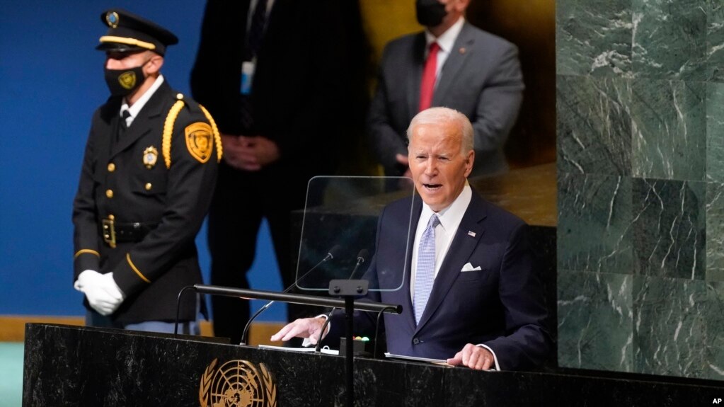 美国总统拜登2022年2月21日在第77届联合国大会上发表讲话。