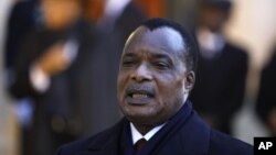 FILE - Republic of Congo President Denis Sassou Nguesso, addresses reporters.