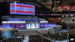 The stage stands ready for the start of the Democratic National Convention at the Wells Fargo Center in Philadelphia, July 22, 2016. 