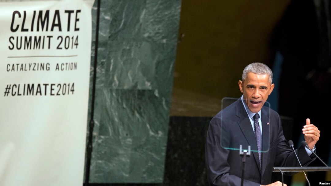 Presiden Barack Obama saat menyampaikan sambutannya dalam KTT Perubahan Iklim di markas besar PBB, New York (23/9).