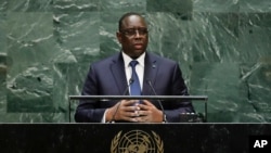 FILE - In this Sept. 24, 2019, photo, Senegal's President Macky Sall addresses the 74th session of the United Nations General Assembly, at the United Nations headquarters in New York.