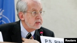 FILE - Independent investigator on war crimes in Syria Paulo Pinheiro addresses U.N. Human Rights Council in Geneva, March 17, 2015. 