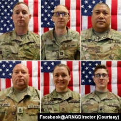 阵亡士兵的照片(上，从左至右)少校杰弗里·奥布莱恩、上尉科迪·霍克、三级准尉罗伯特·马赞、(下，从左至右)、一级军士诺亚·蒂特延斯、一级军士妮可·阿莫尔和中士德克兰·科迪。