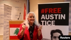 FILE - Debra Tice, mother of U.S. journalist Austin Tice, reacts after a news conference in Beirut, Lebanon, Dec. 4, 2018. 