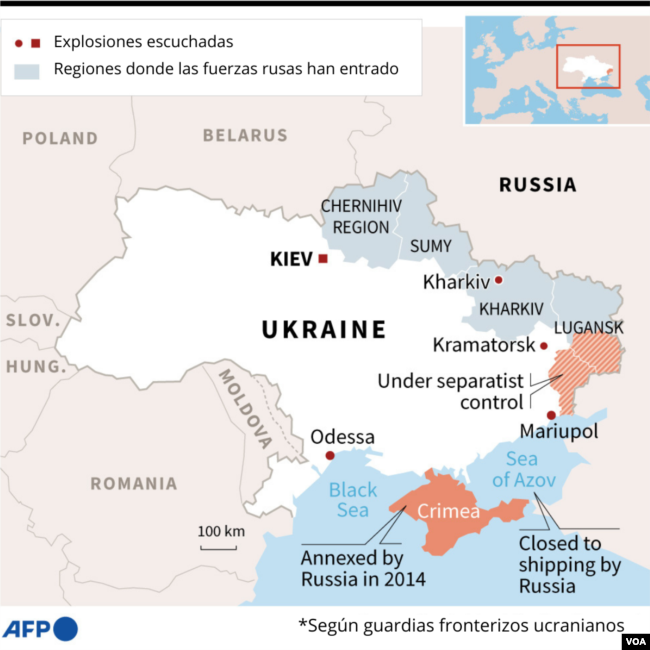 Mapa del inicio de la invasión rusa a Ucrania.