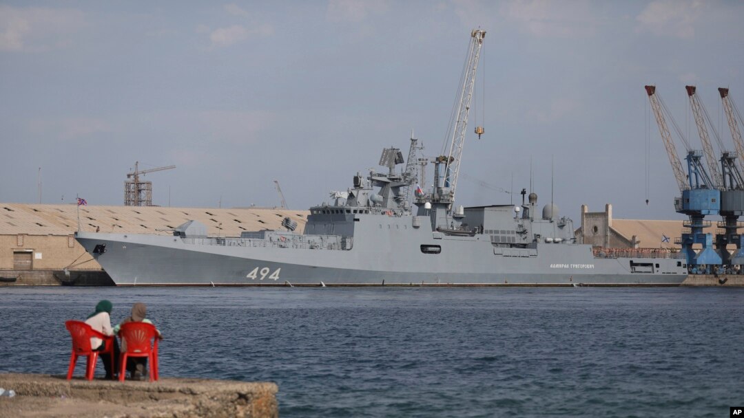 FILE - A Russian warship is docked in the Port Sudan, in Port Sudan, Sudan, Feb. 28, 2021.
