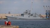 FILE - A Russian warship is docked in Port Sudan, Feb. 28, 2021. 