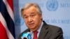 UN Secretary-General Antonio Guterres speaks to members of the media outside the Security Council chamber, Feb. 24, 2022, at United Nations Headquarters. 