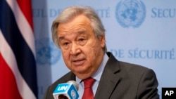 UN Secretary-General Antonio Guterres speaks to members of the media outside the Security Council chamber, Feb. 24, 2022, at United Nations Headquarters. 