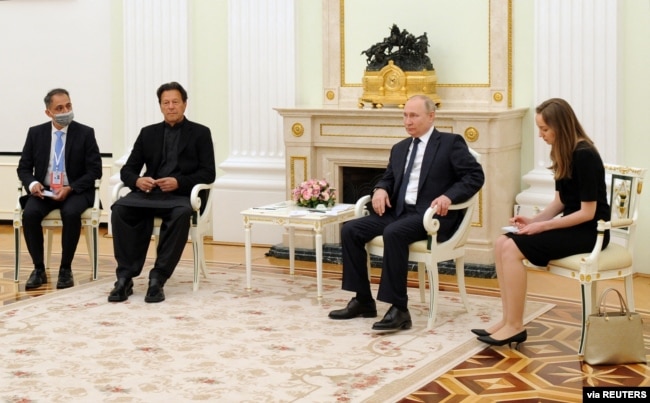 FILE - Russian President Vladimir Putin attends a meeting with Pakistan's Prime Minister Imran Khan in Moscow, Russia, Feb. 24, 2022. (Sputnik/Mikhail Klimentyev/Kremlin via Reuters)