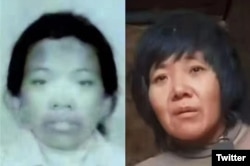 小花梅（左）與鎖鏈女被江蘇省當局認定為同一人。 （推特圖片）