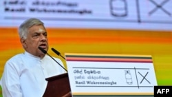 Sri Lanka's president and independent presidential candidate Ranil Wickremesinghe, addresses supporters during an election rally ahead of the upcoming presidential elections at the Sangilyan Park in Jaffna on September 7, 2024. (Photo by Ishara S. KODIKAR