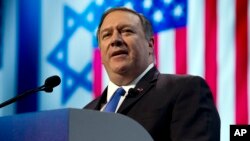 U.S. Secretary of State Mike Pompeo speaks at the 2019 American Israel Public Affairs Committee (AIPAC) policy conference, at Washington Convention Center, in Washington, March 25, 2019.