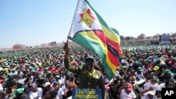 FILE - A supporter of Zimbabwean President Emmerson Mnangagwa holds the Zimbabwean flag at a campaign rally in Harare, Wednesday, Aug. 9, 2023.