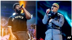 FILE - This combination photo shows Khalid performing at Y100's Jingle Ball in Sunrise, Florida, Dec. 16, 2018, left, and Bad Bunny performing at the Billboard Latin Music Awards in Las Vegas, Neveda, April 25, 2019.