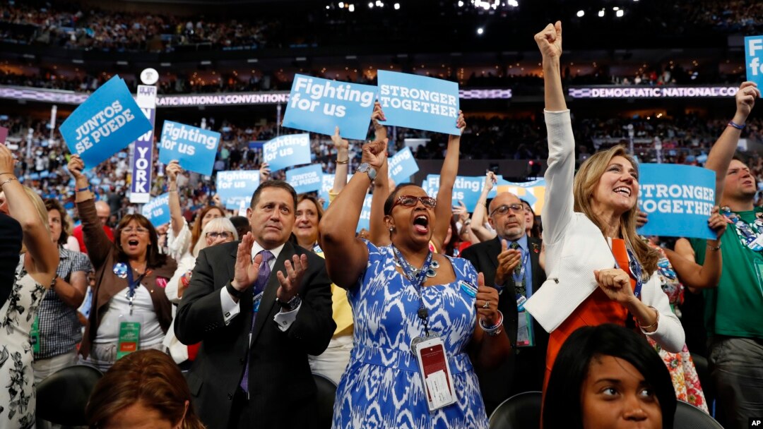 New York delegates cheer during the second day session of the Democratic National Convention in Philadelphia, July 26, 2016. 