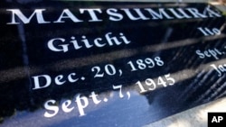 A gravestone in Woodlawn Cemetery in Santa Monica, Calif., shows the death of Giichi Matsumura, who died in the Sierra Nevada on a fishing trip while he was at the Japanese internment camp at Manzanar, Oct. 22, 2019.