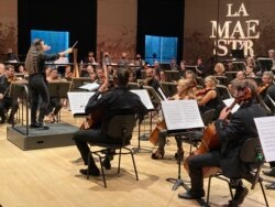 Italian Sara Caneva competes in La Maestra. She is both a conductor and classical music composer. (L. Bryant/VOA)