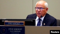 FILE - Steve Soboroff, then the Los Angeles police commissioner, speaks at a police commission meeting attended by people protesting the killing of a homeless man by police in Los Angeles, March 3, 2015.