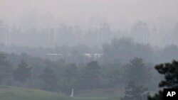 Seorang pemain golf terpaksa mengikuti pertandingan yang diselenggarakan di lapangan golf 'Pine Valley' di pinggiran kota Beijing, China dalam kabut tebal akibat polusi yang menyelimuti wilayah tersebut (6/10). 