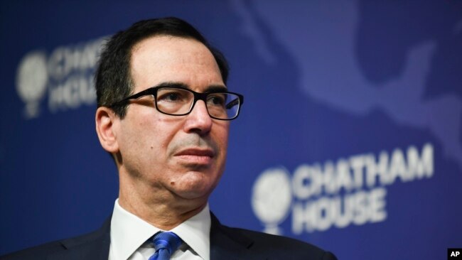 美国财政部长姆努钦在伦敦皇家国际事务研究所发表演讲(2020年1月25日)。