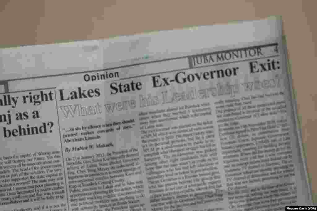 Veteran South Sudanese journalist Alfred Taban was detained by police after publishing this editorial, which was critical of the former governor of Lakes state, in The Juba Monitor. (VOA/Mugume Davis)
