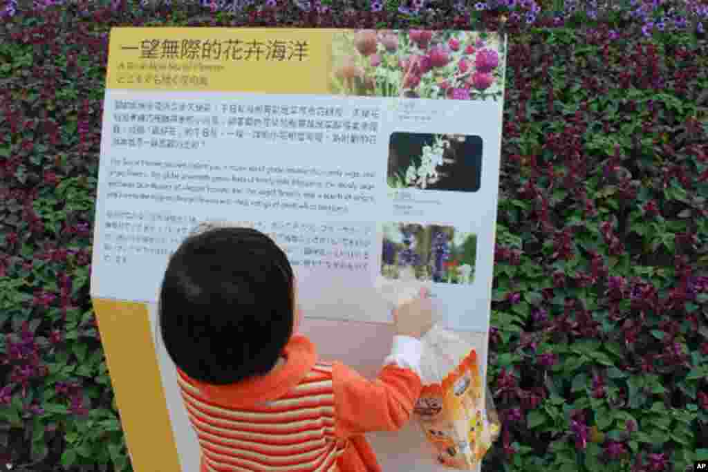 小女孩对园区内的告示板很感兴趣