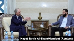 U.N. Syria envoy Geir Pedersen meets with head of Hayat Tahrir al-Sham and Syria's de facto leader, Ahmed al-Sharaa, also known as Abu Mohammed al-Golani in Damascus, Syria in this handout released on Dec. 15, 2024. 