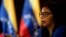 FILE - Delcy Rodriguez, president of the National Constituent Assembly talks to the media during a news conference in Caracas, Venezuela, Aug. 28, 2017.