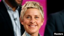 Executive Producer Ellen DeGeneres speaks about the NBC television show "One Big Happy" during the TCA presentations in Pasadena, California, Jan. 16, 2015.