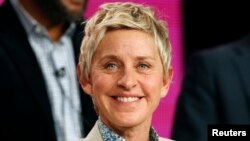 Executive Producer Ellen DeGeneres speaks about the NBC television show "One Big Happy" during the TCA presentations in Pasadena, California, Jan. 16, 2015.