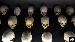 FILE—Skulls on display at the Kigali Memorial for Victims of the 1994 Rwandan genocide in Kigali, Rwanda, April 4, 2024. 