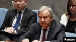 FILE - Secretary General of the United Nations Antonio Guterres speaks during a Security Council meeting about the situation in Syria at U.N. Headquarters in New York City, Feb. 28, 2020.