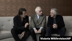 This Sept. 30, 2019 photo shows actor Al Pacino, from left, director Martin Scorsese, and actor Robert De Niro posing for a portrait to promote their upcoming film "The Irishman" in New York.
