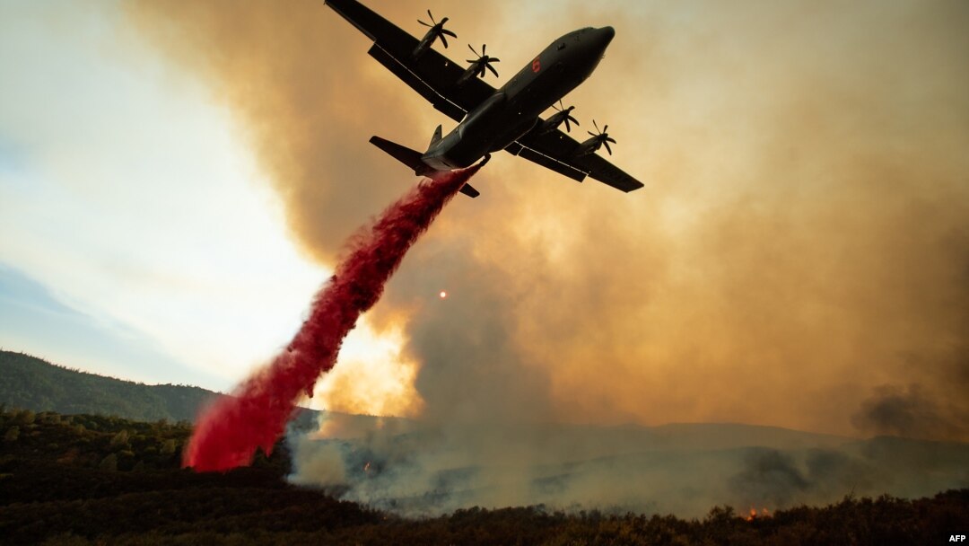 Sebuah pesawat menjatuhkan bahan pemadam kebakaran di Kompleks Mendocino, dekat Clearlake Oaks, California, Minggu (5/8). 